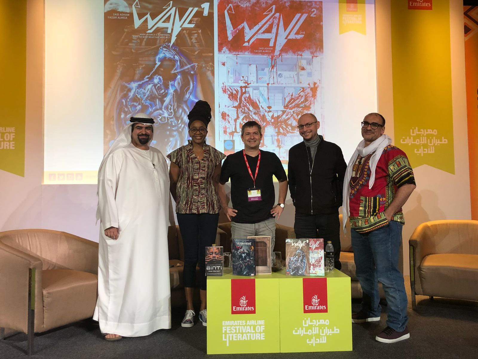 Wayl at Emirates Literature Festival Left- right ( Mohammed Khan, Nnedi Okorofor, Gabriel Rodriguez, Zaid Adham, Yasser Alireza